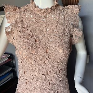 Zara Dress, nude lace sheath with flutter sleeve & neck sz XS